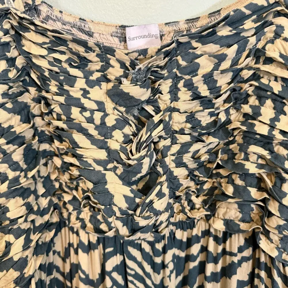 Soft Surroundings Maxi Dress L Tan Zebra Print Boho Smocked Resortwear Vacation - Picture 6 of 10